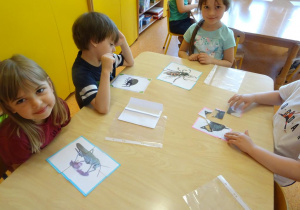 Dzieci układają obrazki z części przedstawiające zwierzęta zamieszkujące łąkę.
